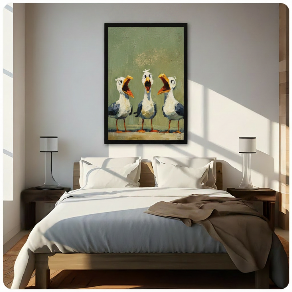 Funny coastal impasto oil painting of three seagulls simultaneously opening their beaks wide in a dramatic squawk with orange-yellow bills red open mouths large round googly eyes fluffy white and navy blue-gray feathered bodies and vivid orange feet standing together on a sandy base against a vintage sage olive green textured background humorous beach bird wall art framed print hanging above a modern bedroom bed with white linen bedding, dark wood nightstands, and minimalist white table lamps