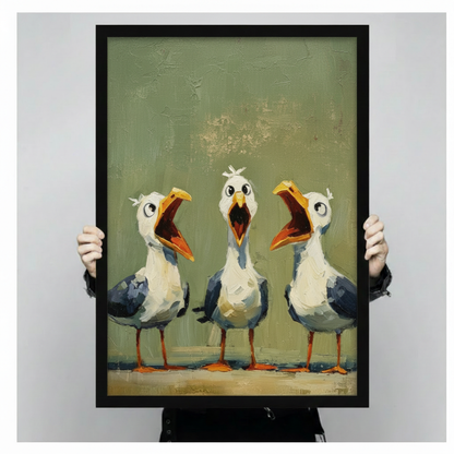 Bold impasto oil painting art print of three side-by-side seagulls all squawking with wide open yellow-orange beaks red open mouths round expressive cartoon eyes white feathers with blue-gray wing markings and bright orange feet standing on a sandy ground against an aged olive green textured background humorous screaming seagull bird wall art framed print held up for size reference against a light gray neutral background