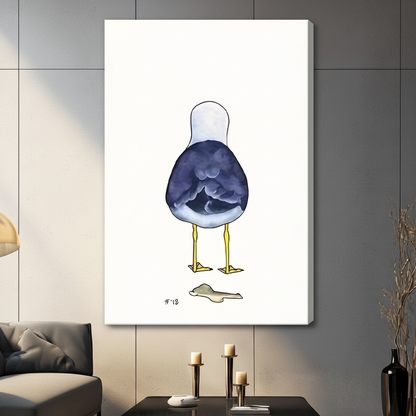 Gallery wrap stretched canvas of a chubby seagull seen from behind with yellow legs and bird dropping on white background hung frameless on a dark gray wall above a black coffee table with gold candlesticks