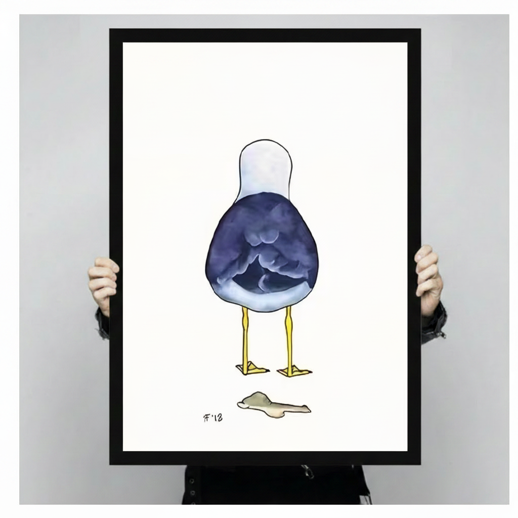 Hands in black sleeves holding a large black framed funny seagull back view watercolor canvas art print with navy blue bird and yellow legs on white background, front-facing vertical product size display