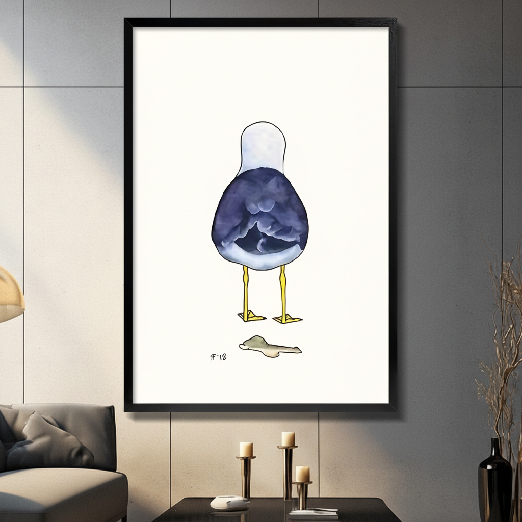Black framed funny seagull back view watercolor canvas wall art with navy blue bird on white background displayed in a modern dark gray living room with gray sofa, black coffee table and gold candlesticks