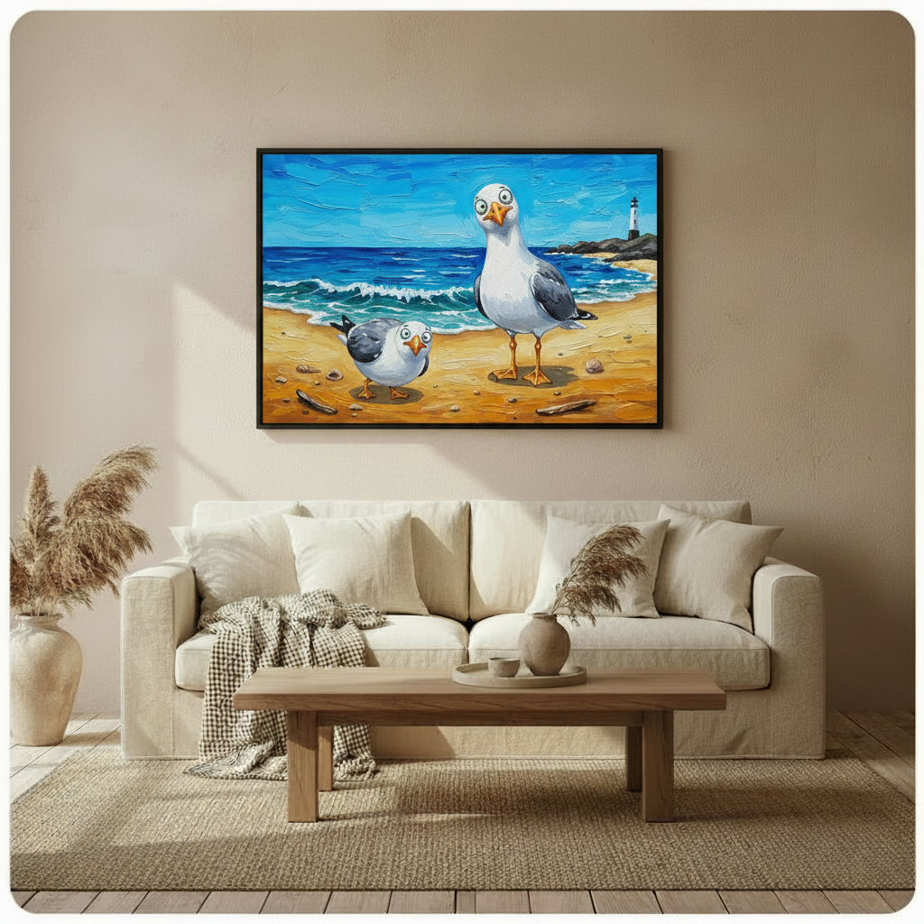 Seagull beach impasto oil painting canvas print in black frame above white sofa in bright cream American living room