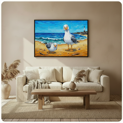 Seagull beach impasto oil painting canvas print in black frame above white sofa in bright cream American living room