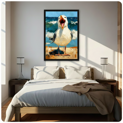 Framed laughing seagull beach oil painting canvas art hung above a bed in a bright minimalist bedroom, vibrant coastal wall art for American home decor