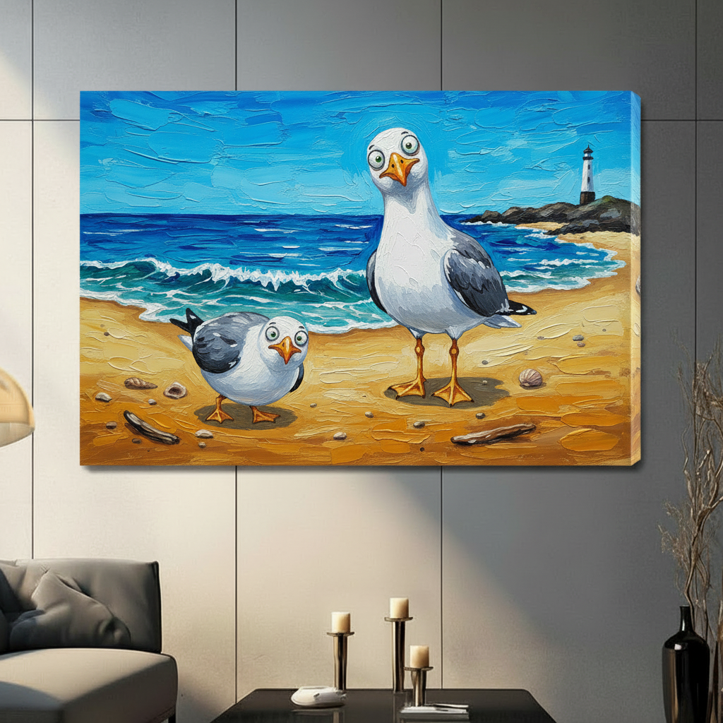Stretched canvas seagull beach art gallery wrap with painted sides displayed on dark panel wall coastal decor