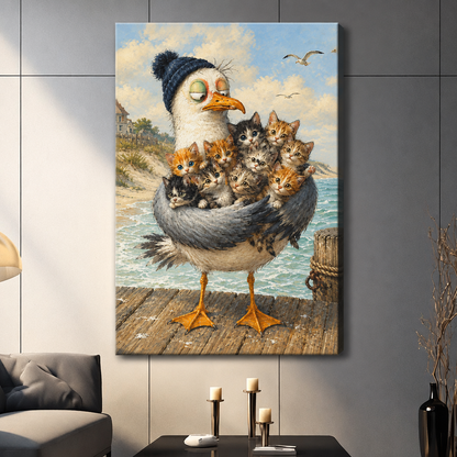 Whimsical oil painting of a tired seagull wearing a navy knit beanie cradling a pile of tabby and black-and-white kittens in its wings on a weathered seaside pier funny animal wall art stretched canvas dark panel wall living room