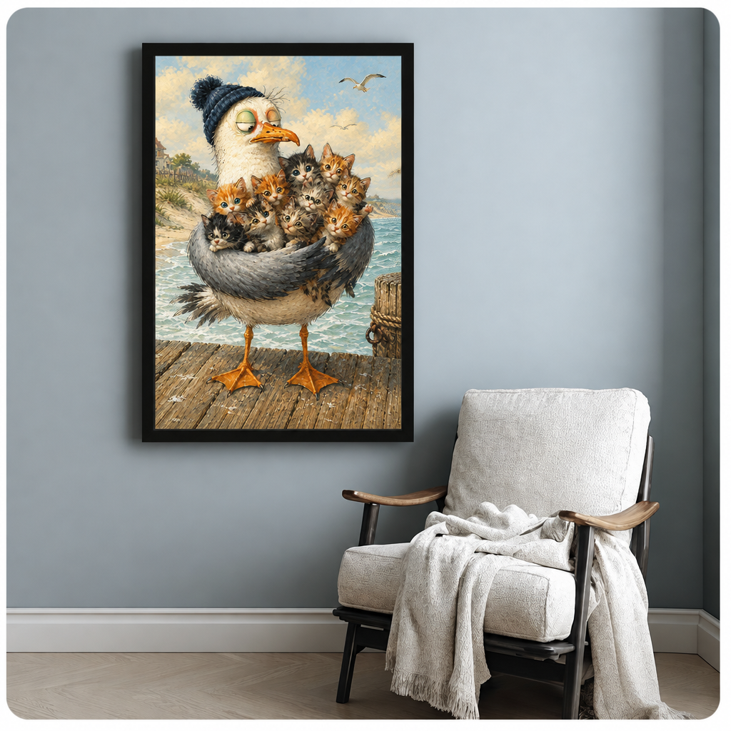 Whimsical oil painting of a tired seagull wearing a navy knit beanie cradling a pile of tabby and black-and-white kittens in its wings on a weathered seaside pier funny animal wall art framed print beside armchair blue-gray wall