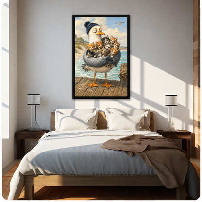 Whimsical oil painting of a tired seagull wearing a navy knit beanie cradling a pile of tabby and black-and-white kittens in its wings on a weathered seaside pier funny animal wall art framed print above bed sunlit bedroom