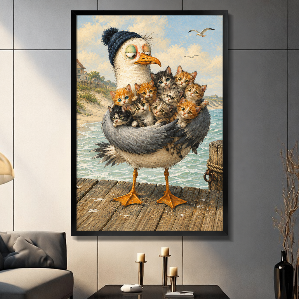 Whimsical oil painting of a tired seagull wearing a navy knit beanie cradling a pile of tabby and black-and-white kittens in its wings on a weathered seaside pier funny animal wall art framed print dark panel wall living room