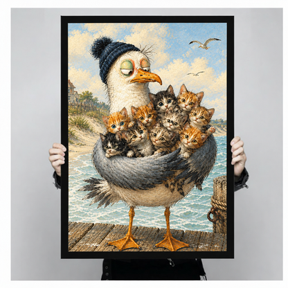 Whimsical oil painting of a tired seagull wearing a navy knit beanie cradling a pile of tabby and black-and-white kittens in its wings on a weathered seaside pier funny animal wall art framed print held up