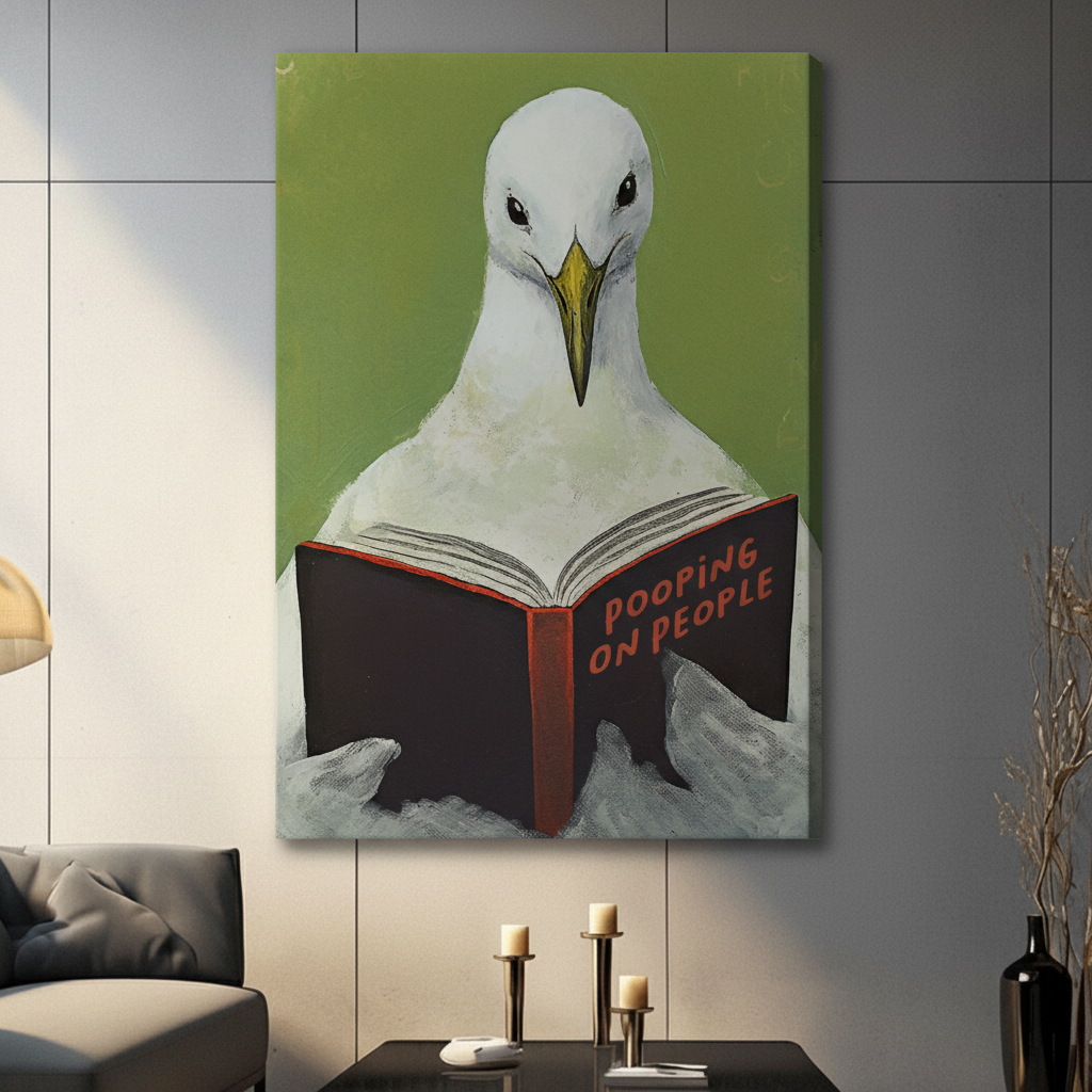 Gallery wrap stretched canvas of a serious white seagull holding open a black hardcover book titled Pooping on People with red lettering on a grass green background hung frameless on a dark gray wall above a black coffee table