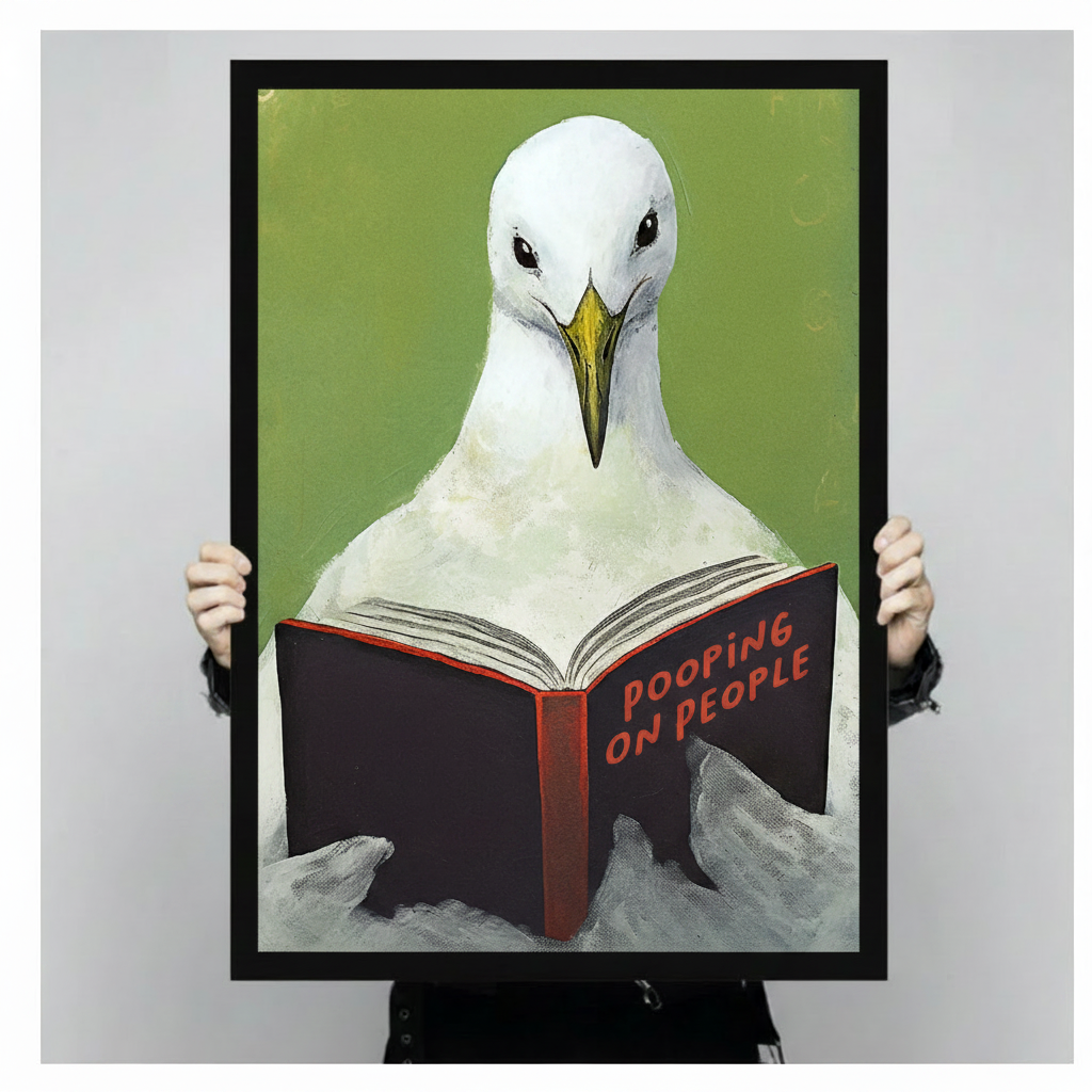Two hands in black jacket sleeves holding a large black framed funny seagull reading Pooping on People hardcover book canvas art print with vivid green background, front-facing vertical product size display