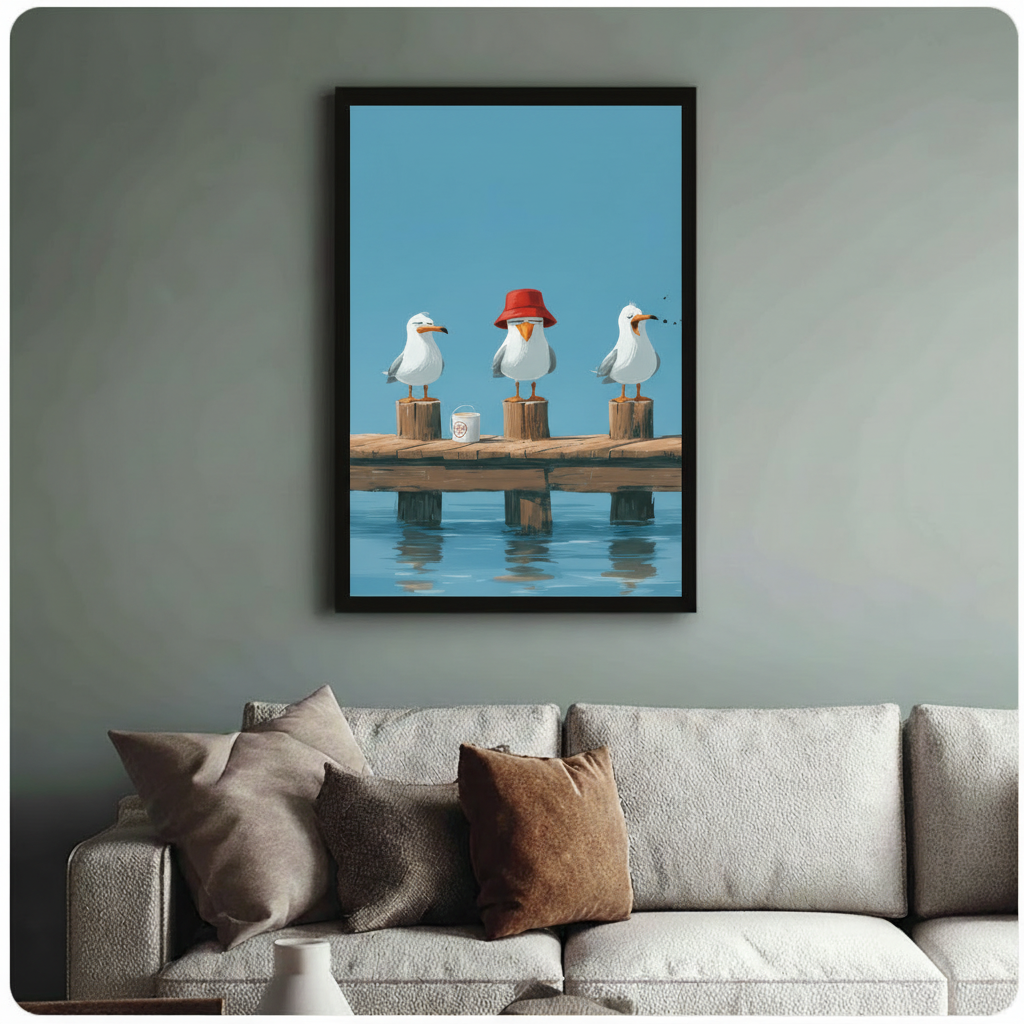 Black framed seagull poster with red bucket hat detail hung above neutral sofa on sage green wall in modern living room