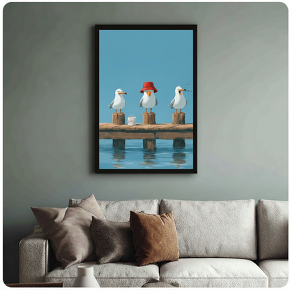 Black framed seagull poster with red bucket hat detail hung above neutral sofa on sage green wall in modern living room