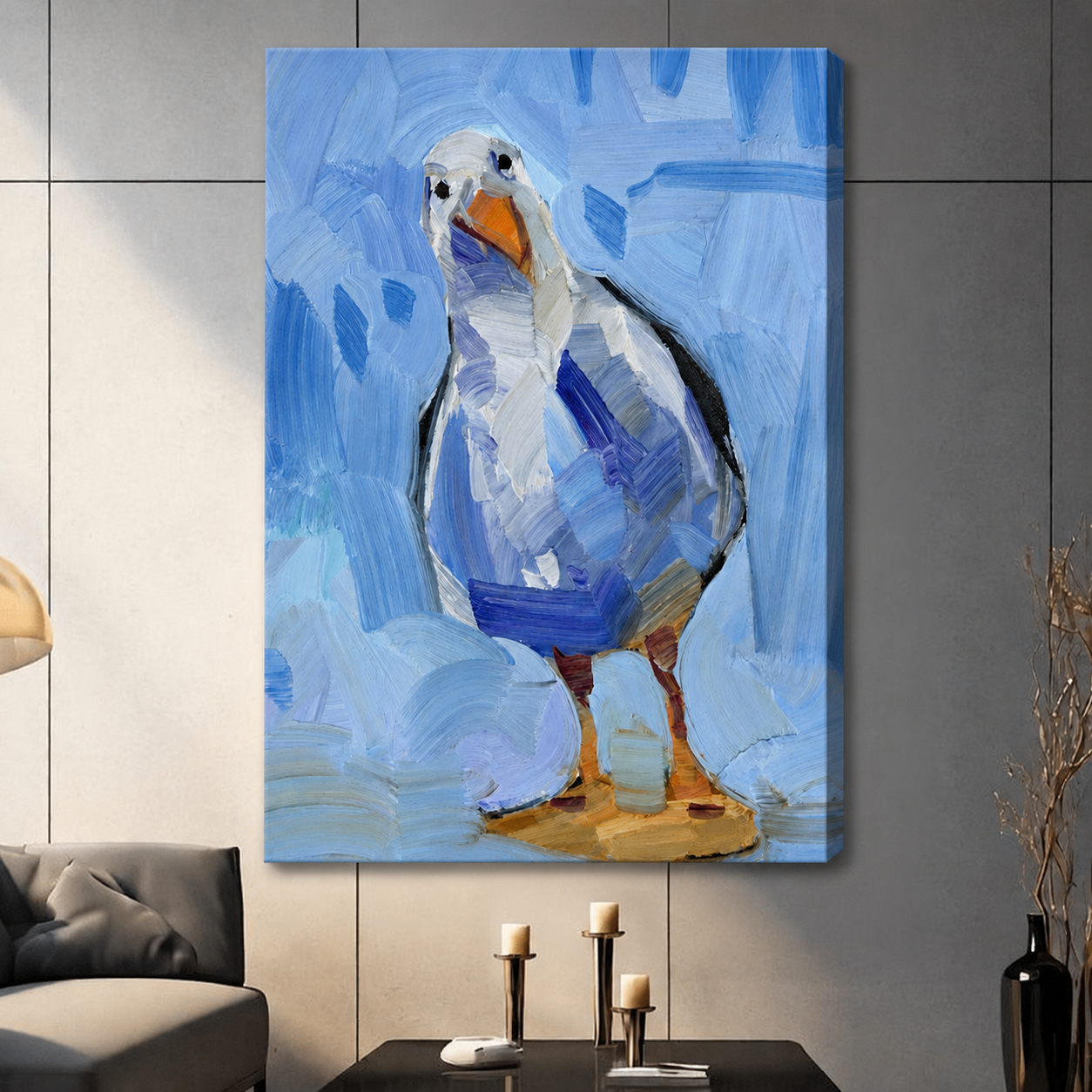 Frameless seagull canvas print with expressive blue oil painting style, contemporary bird wall art for living room