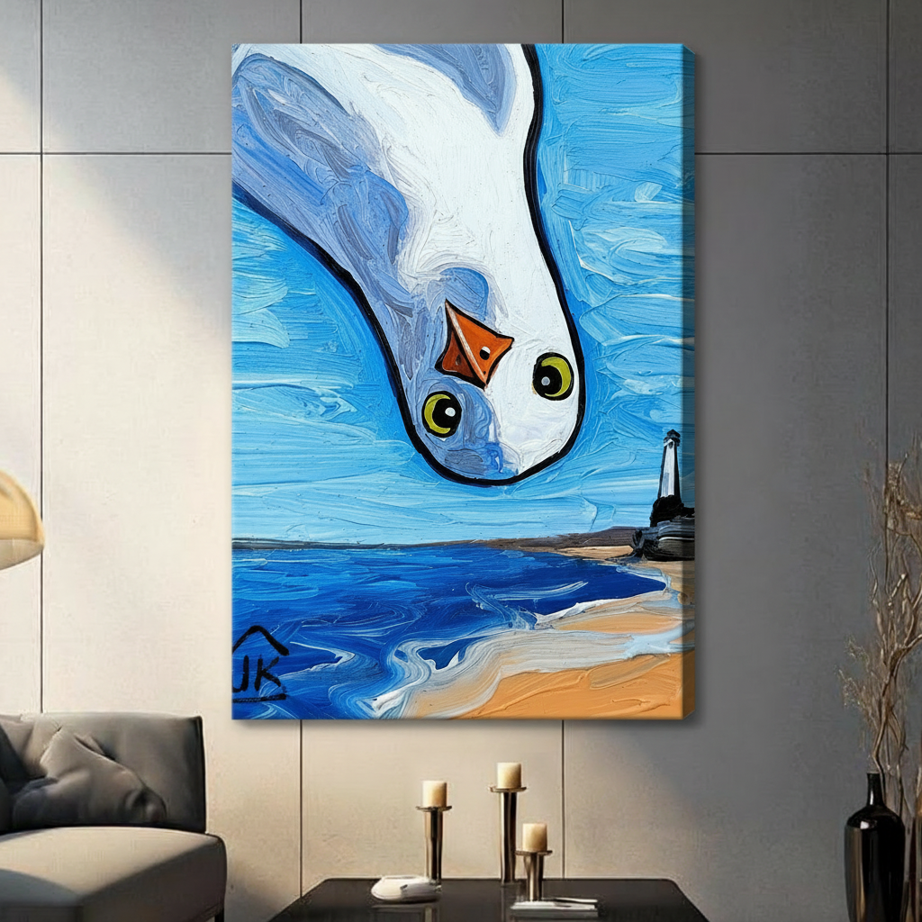 	Unframed seagull diving canvas print on grey panel wall, expressive oil painting texture with lighthouse and ocean
