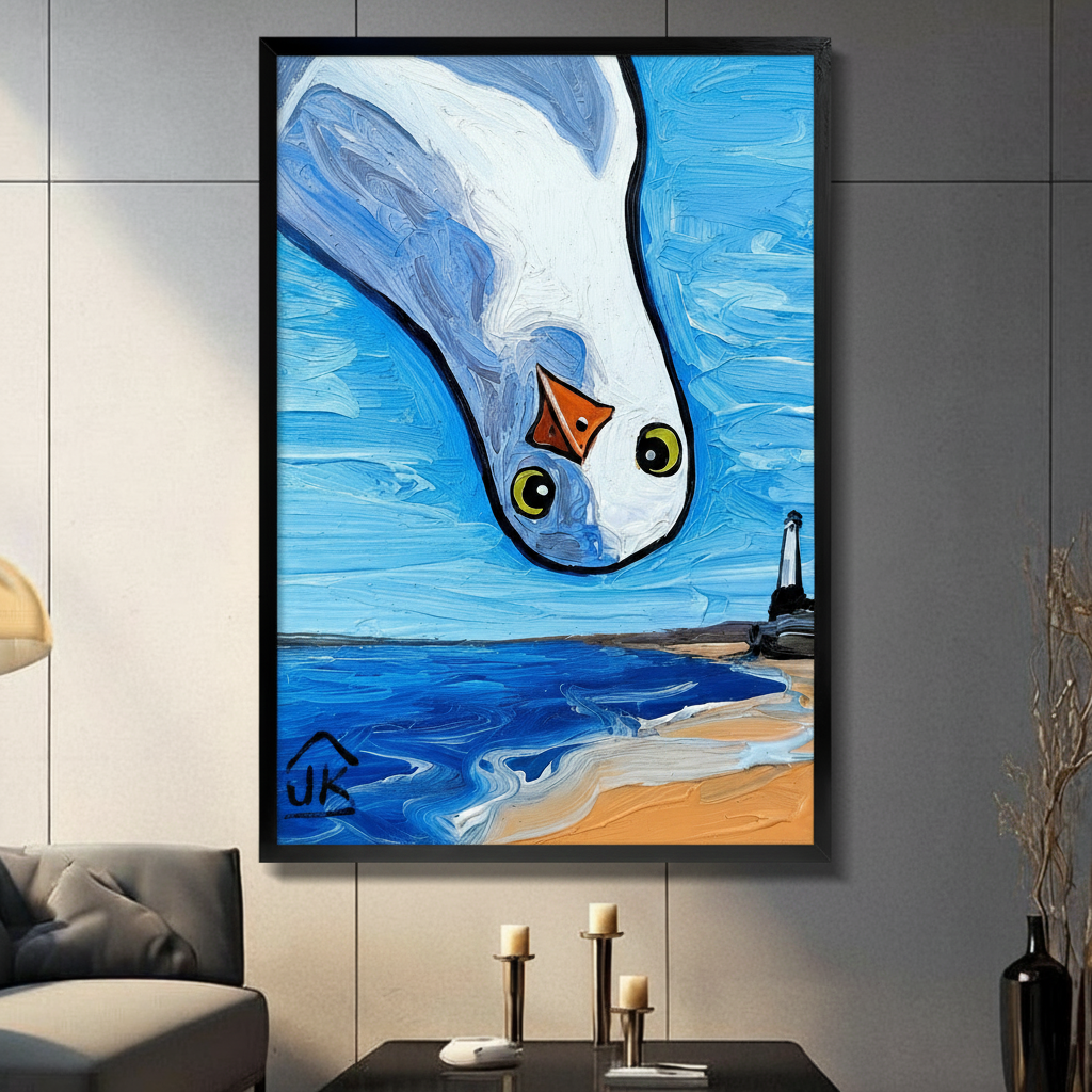 Large framed seagull oil painting canvas on grey panel wall with candles and decorative vases, coastal home decor