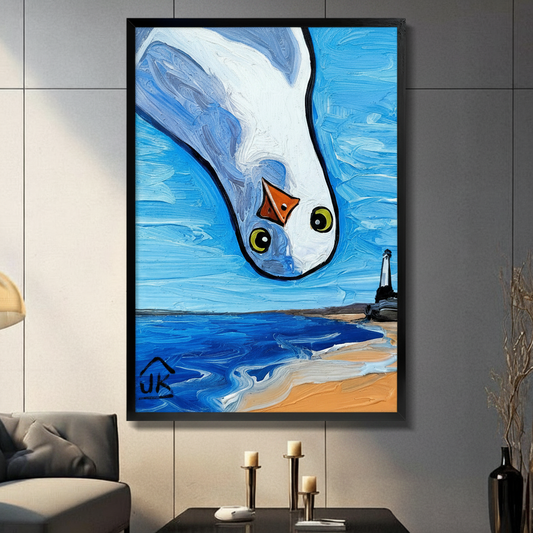 Large framed seagull oil painting canvas on grey panel wall with candles and decorative vases, coastal home decor