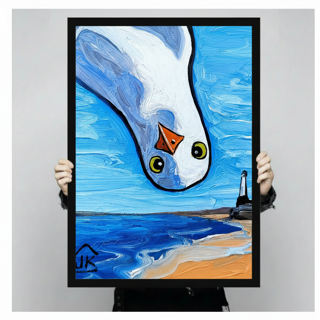 Hand-held framed seagull diving close-up canvas print, bold oil painting style with blue sky and sandy beach