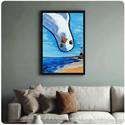 Framed seagull close-up wall art above linen sofa on sage green wall, funny coastal bird painting home decor