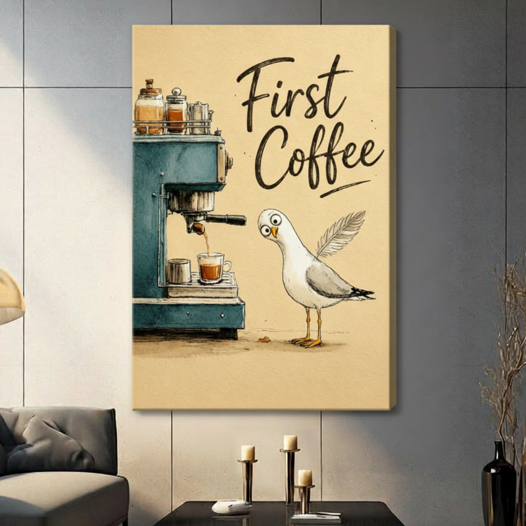 Gallery wrap stretched canvas of a comical round-eyed white seagull leaning in to inspect a retro teal espresso machine pouring a fresh shot into a small cup with glass condiment jars on top and First Coffee handwritten text above coastal humor illustration on warm beige background hung frameless on a gray tile wall above a dark sofa