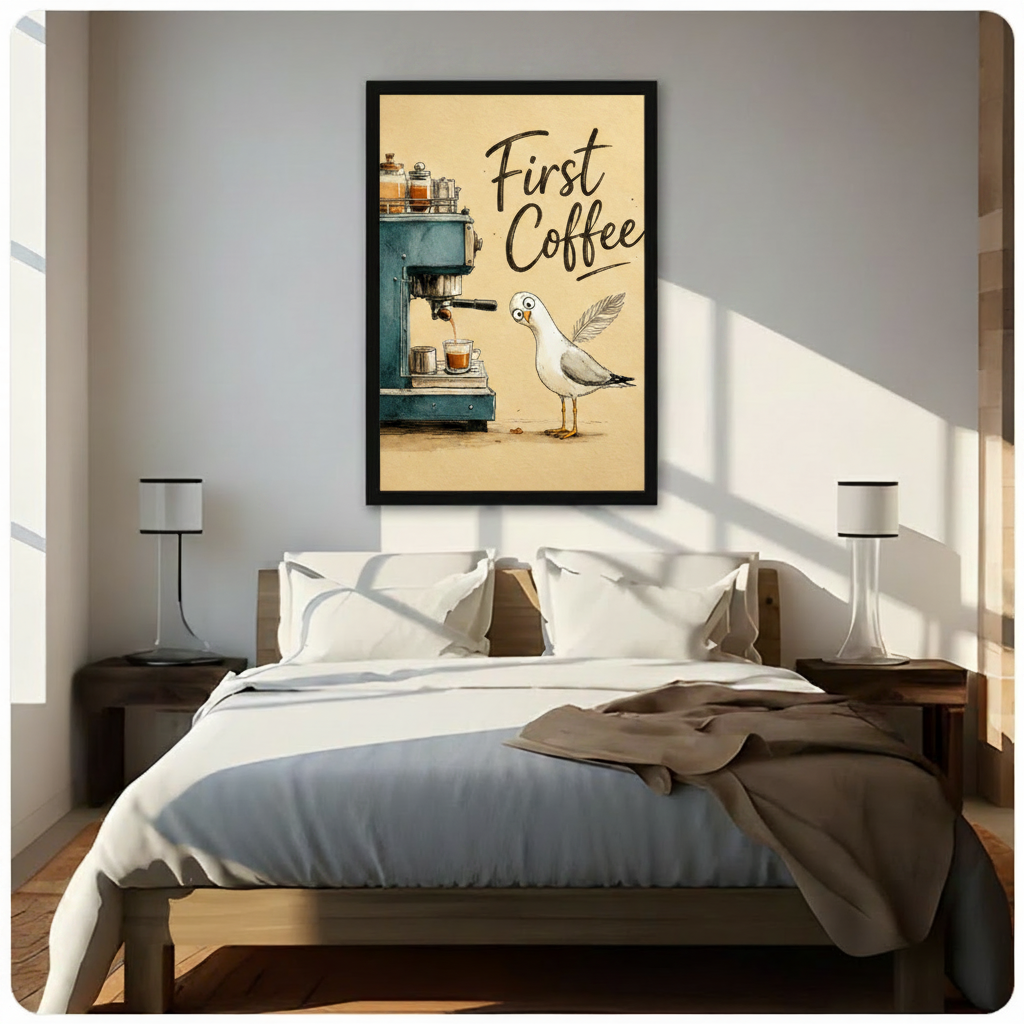 Black framed charming coastal humor canvas wall art of a goofy white seagull with wide cartoon eyes leaning toward a vintage teal espresso machine brewing a fresh shot of coffee with glass jars on top and First Coffee in handwritten lettering on a warm cream background hung in bright diagonal sunlight above a dark wood bed with white linen bedding and matching bedside lamps