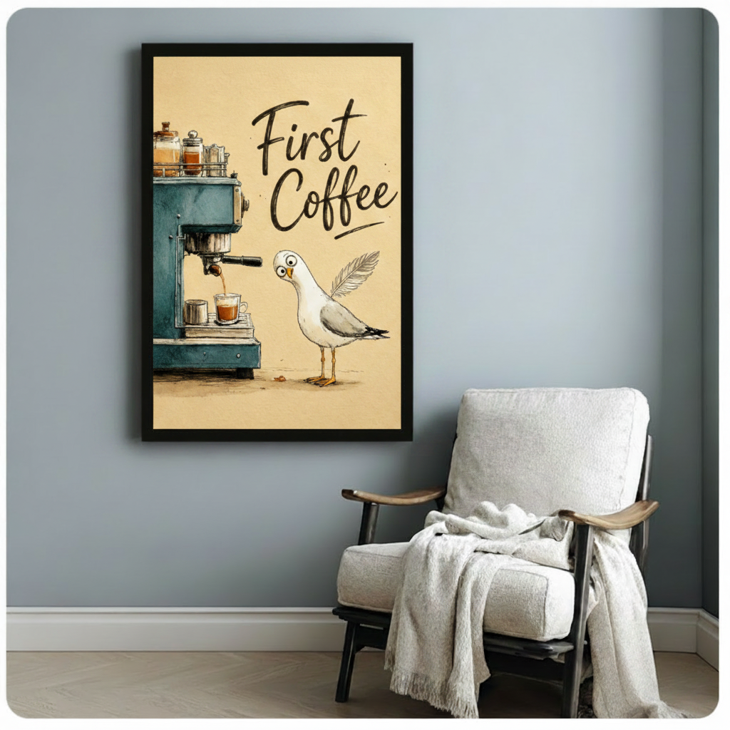 Black framed funny coastal bird illustration of a surprised white seagull with big round eyes peering at a vintage blue-green espresso machine brewing espresso with glass jars on top and the phrase First Coffee in bold handwritten script whimsical humor canvas print on warm cream background hung on a soft blue-gray wall beside a white upholstered wood armchair with cream throw