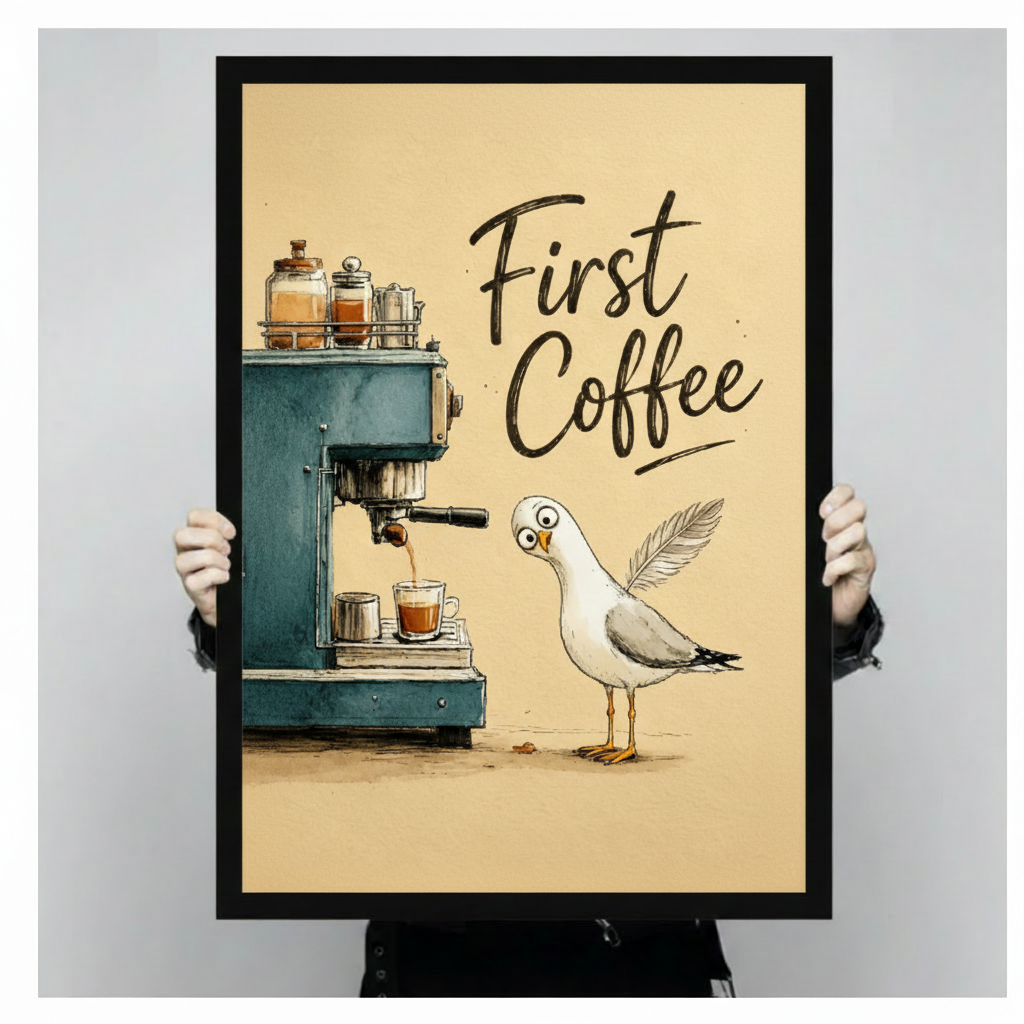 Two hands holding a large black framed whimsical illustration of a wide-eyed white seagull staring at a retro teal espresso machine pouring coffee with glass spice jars on top and First Coffee in handwritten script coastal humor bird canvas art print on warm beige background, front-facing vertical product size display