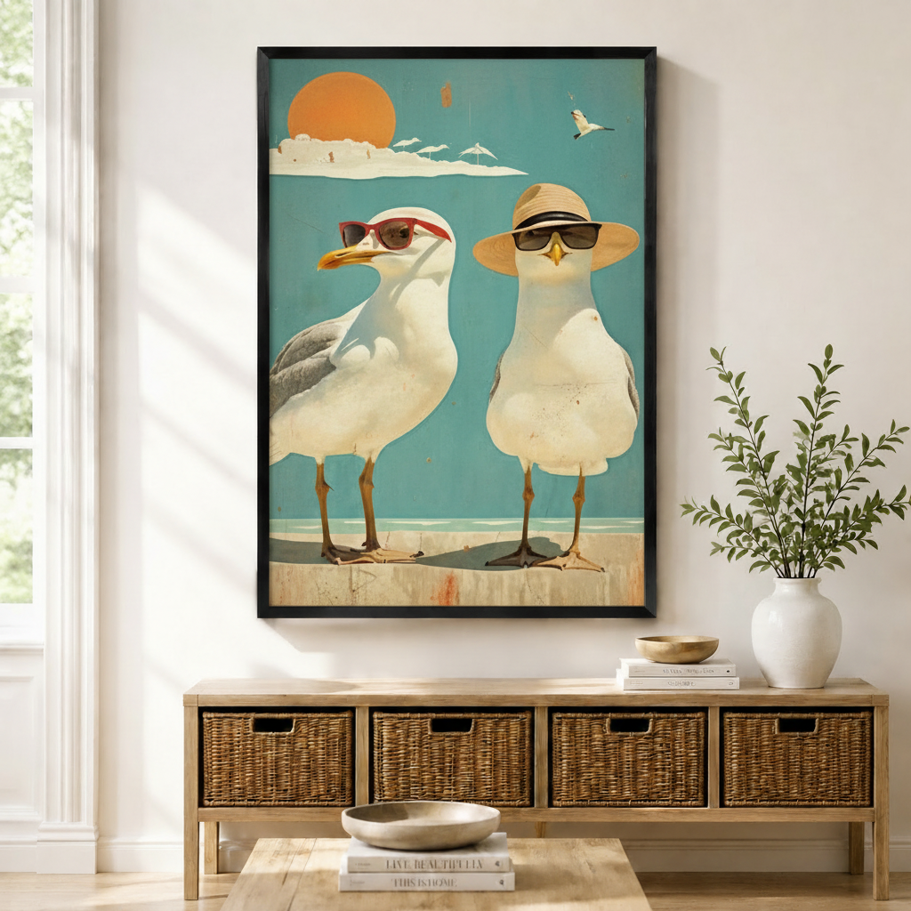Black framed retro seagull couple wearing sunglasses and straw hat on sunny beach wall art print displayed above a rattan storage bench in a bright coastal entryway