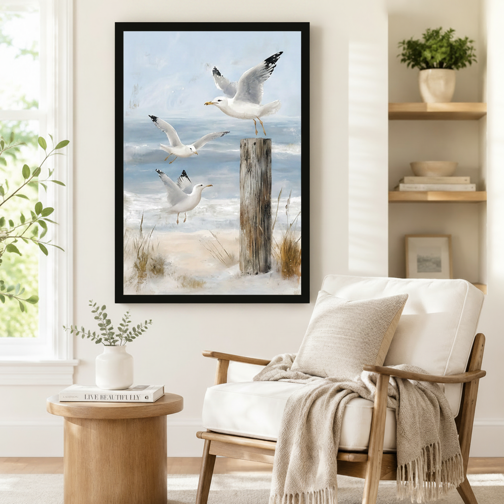 Framed coastal wall art of three seagulls in dynamic flight above beach dunes and a weathered post, styled beside a linen armchair in a serene Scandinavian reading nook