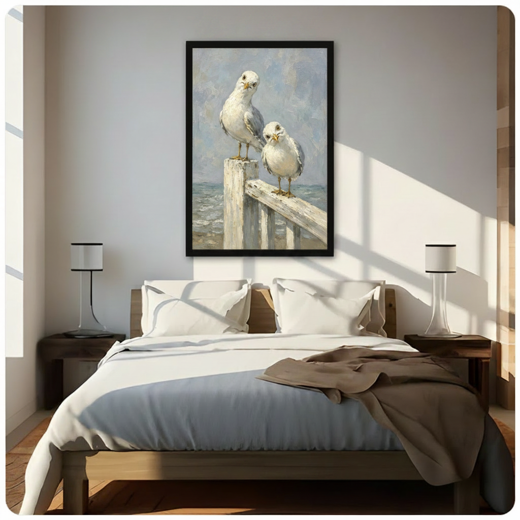 Coastal seagull oil painting black framed canvas wall art displayed above bed in bright bedroom with natural sunlight and wooden nightstands