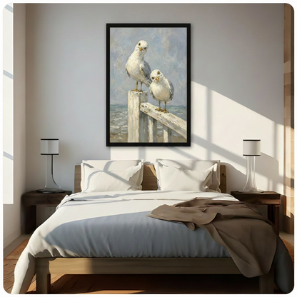 Coastal seagull oil painting black framed canvas wall art displayed above bed in bright bedroom with natural sunlight and wooden nightstands