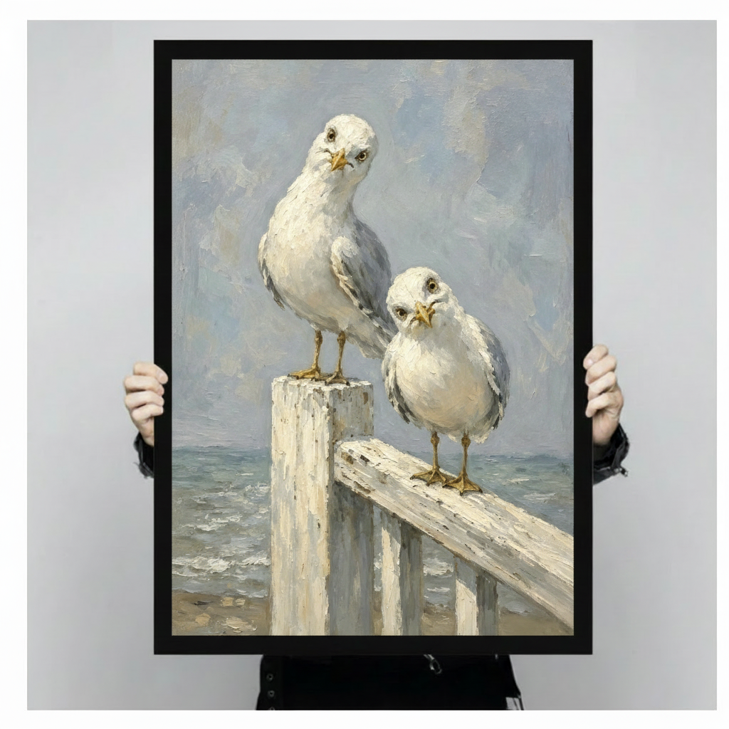 Person holding coastal seagull impressionist oil painting black framed canvas art for size reference against light gray background