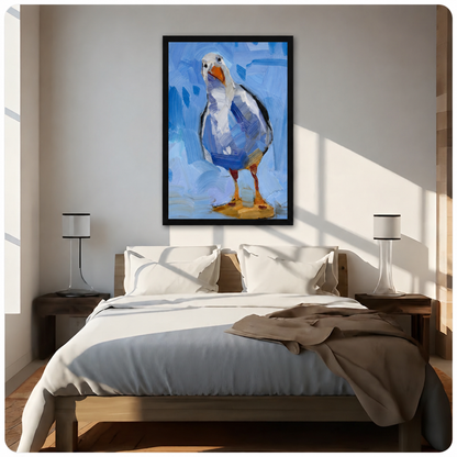 Seagull framed wall art print above bed in bright bedroom, expressive blue oil painting style coastal bird decor