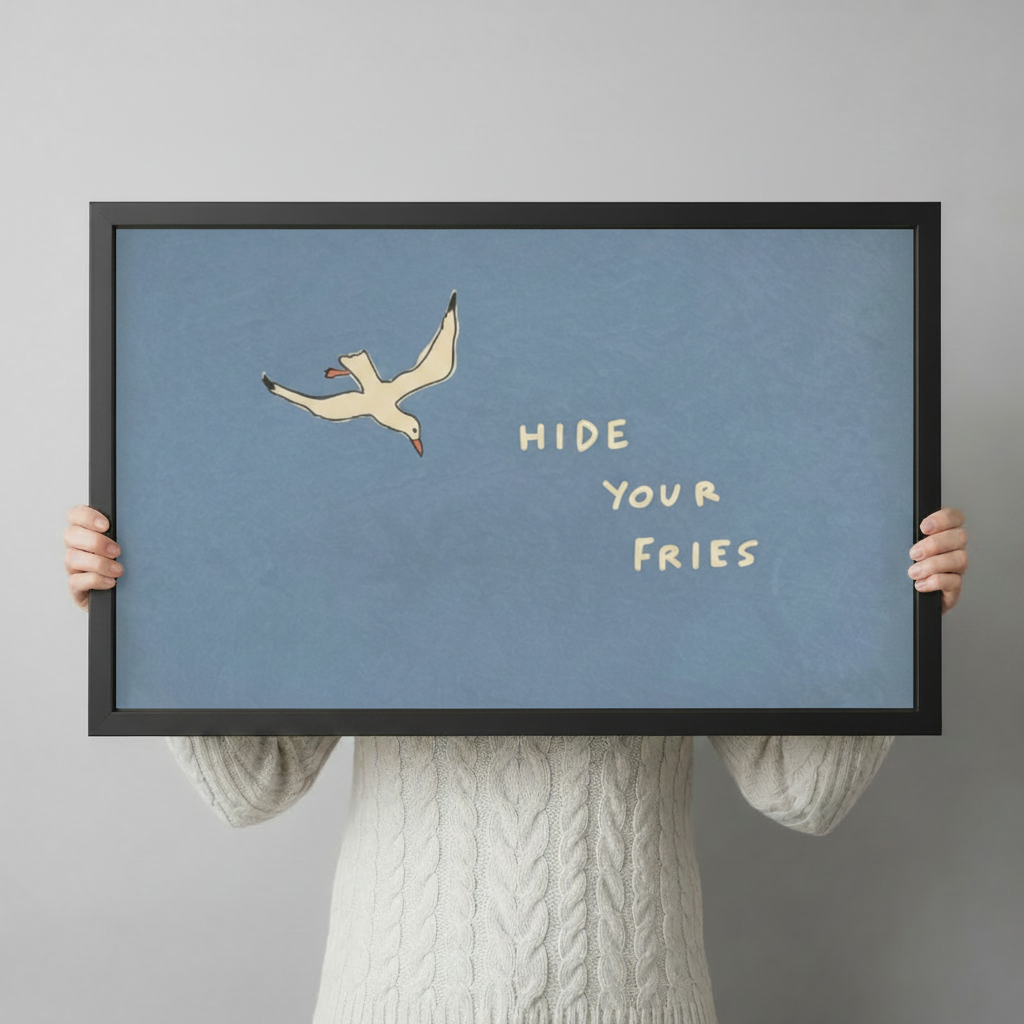 Person in white knit sweater holding a large black framed Hide Your Fries seagull humor canvas art print with dusty blue background against a neutral gray backdrop, horizontal product size display