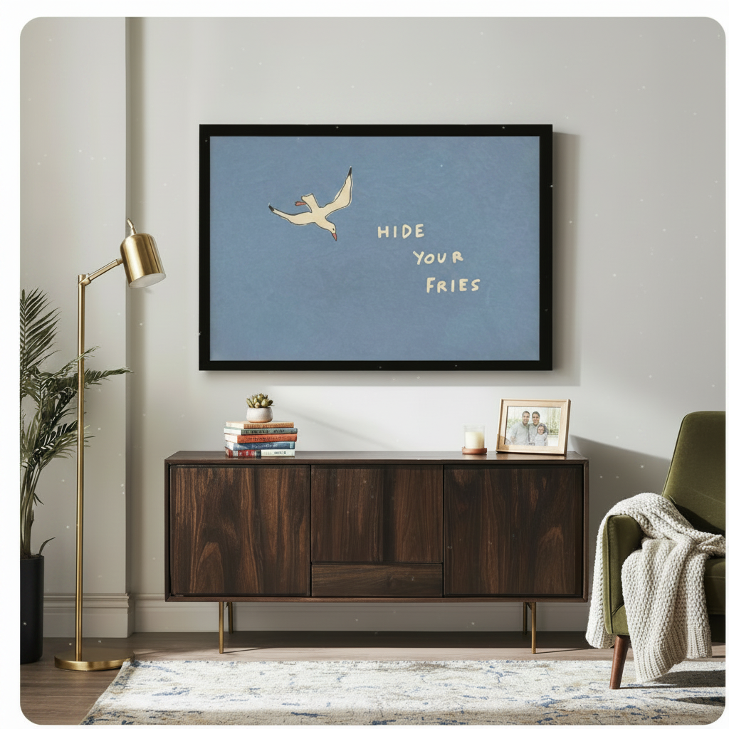 Black framed minimalist seagull Hide Your Fries funny quote canvas art hung above a dark walnut sideboard with stacked books and family photo in a modern living room with gold floor lamp and olive green chair
