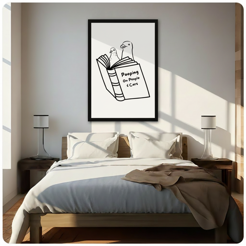 Funny seagull reading Pooping On People and Cars framed print above bed in sunlit minimalist bedroom, black and white bird humor wall art with black frame for bedroom decor