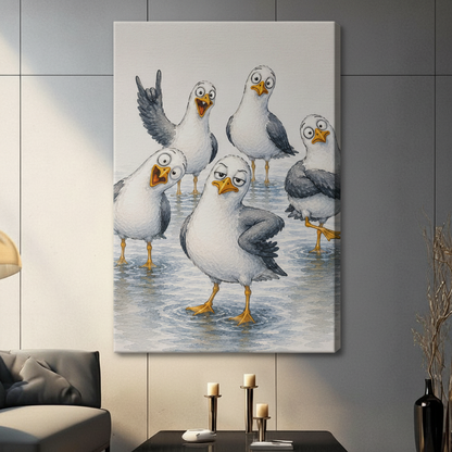 Gallery wrap stretched canvas of five hilarious seagulls with exaggerated expressions including a sassy eye-roll bird a screaming gull and one throwing a rock hand sign hung frameless on a dark gray wall above a black coffee table