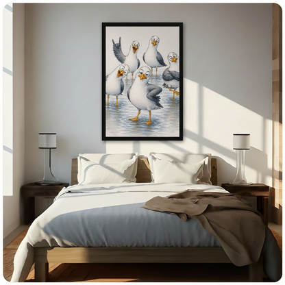 Black framed humorous seagull gang coastal watercolor canvas wall art with five quirky cartoon gulls wading in water hung above a dark wood bed with white and beige linen bedding in a sunlit minimalist bedroom