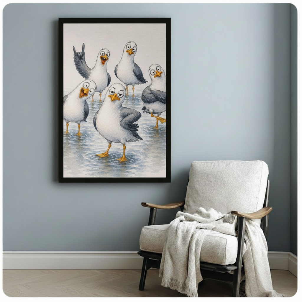 Black framed whimsical coastal seagull gang humor canvas print with five cartoon gulls showing off their personalities in shallow water hung on a soft blue-gray wall beside a white linen wood lounge chair with cream throw