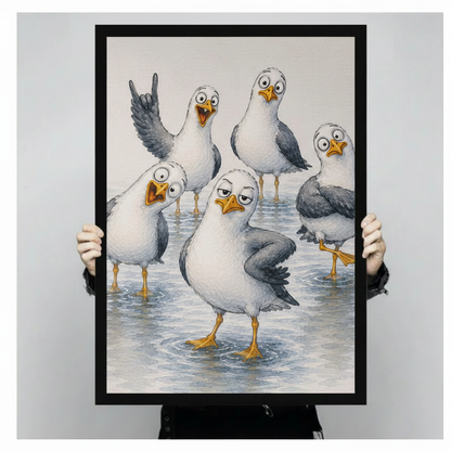 Two hands in black jacket sleeves holding a large black framed funny seagull flock watercolor canvas art print with five expressive cartoon seagulls on cream background, front-facing vertical product size display