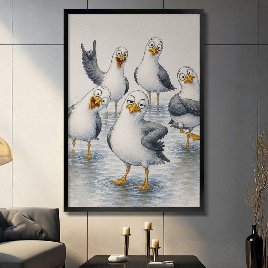 Black framed funny seagull gang watercolor canvas wall art with five expressive cartoon seagulls wading in shallow water on cream background displayed in a modern dark gray living room with charcoal sofa and candlesticks