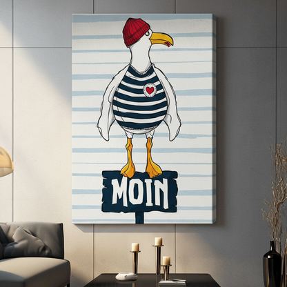Gallery wrap stretched canvas of a chubby white seagull with a grumpy expression wearing a red beanie and navy blue striped sailor top with a heart patch perched on a dark blue MOIN sign with orange feet on a light blue striped background hung frameless on a gray wall