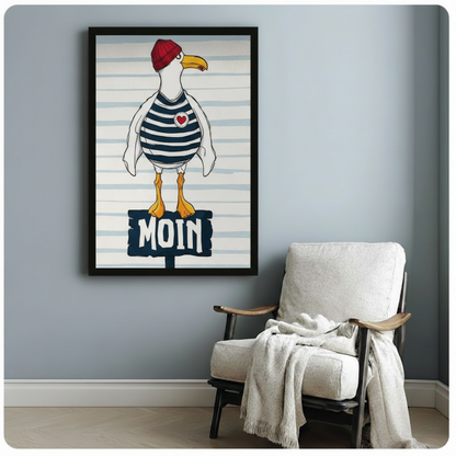 Black framed funny coastal seagull with red knit hat navy sailor stripes and heart badge standing proudly on a MOIN wooden post nautical humor illustration canvas print on blue and white stripe background hung on a soft blue-gray wall beside a white linen wood folding chair
