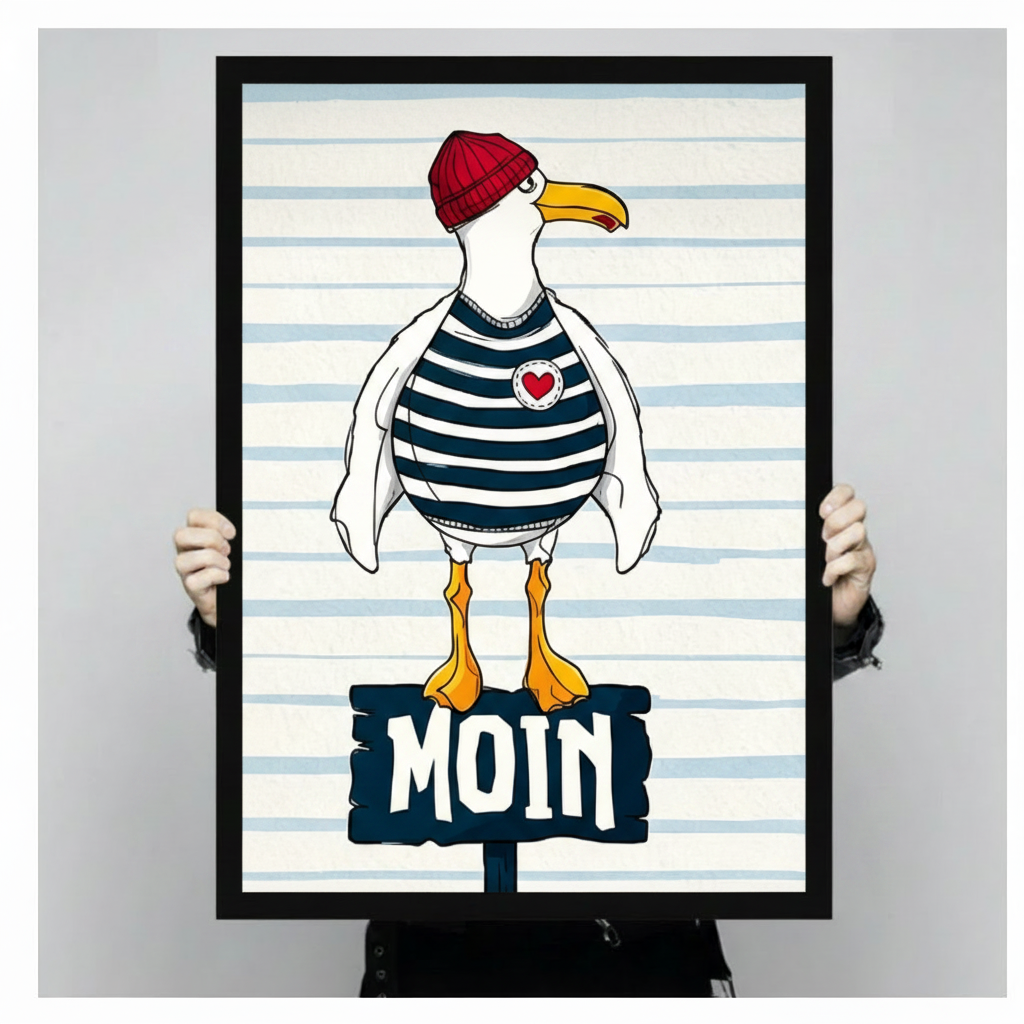 Two hands in black jacket sleeves holding a large black framed coastal seagull in red beanie navy striped sailor shirt standing on a MOIN sign nautical humor illustration canvas art print on light blue stripe background, front-facing vertical product size display