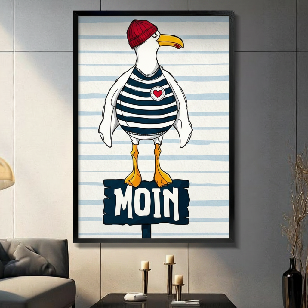 Black framed nautical seagull in red knit beanie navy striped sailor shirt and red heart badge standing on a MOIN wooden sign coastal humor illustration canvas wall art on light blue stripe background displayed in a modern gray living room with dark sofa and metal candlesticks
