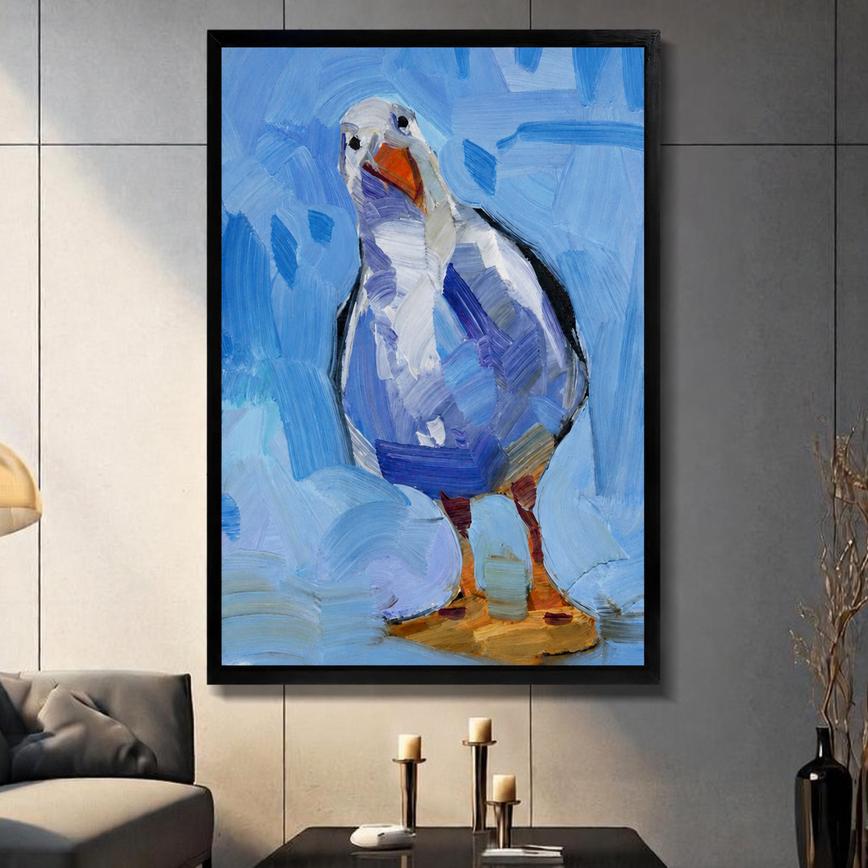 Seagull oil painting art print in black frame displayed in modern living room, bold blue brushstroke background wall decor