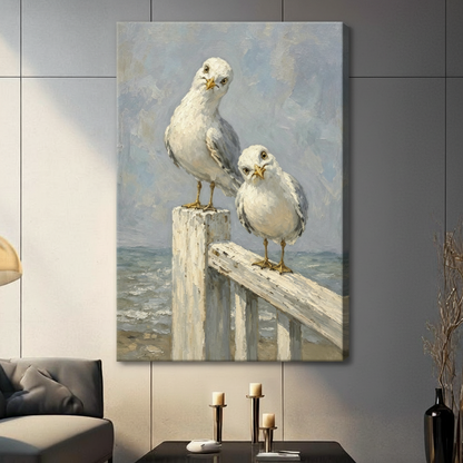 Coastal seagull impressionist oil painting frameless canvas wall art displayed in modern living room with gray tile wall and candlesticks