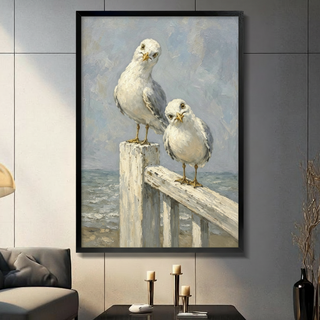 Coastal seagull impressionist oil painting black framed canvas wall art in modern living room with gray tile wall and candlesticks