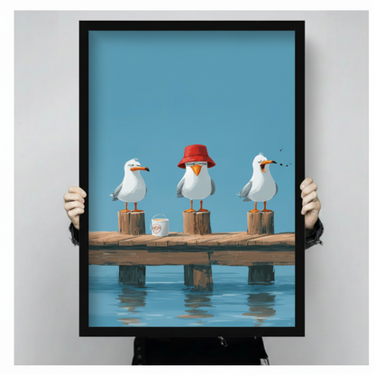 Person holding large black framed print of three seagulls on a pier, showing print size and frame quality detail